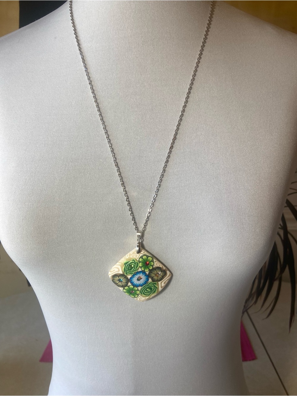 Floral Ceramic Pendant Necklace in Green and Blue